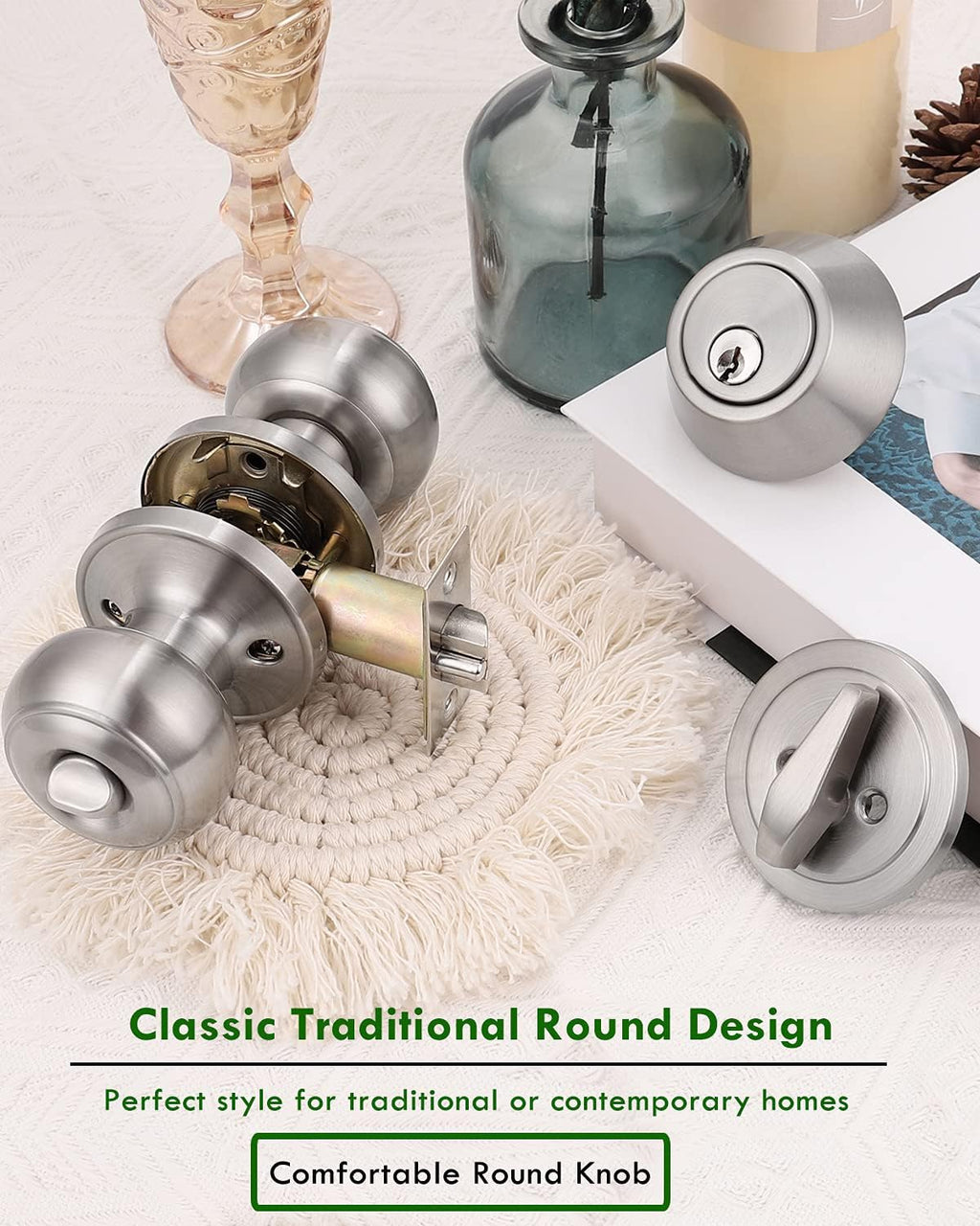5 Pack Entry Door Knob and Single Cylinder Deadbolt Combo Pack in Satin Nickel A547