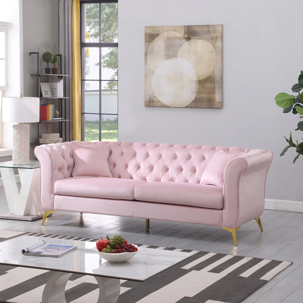 Pink Tufted Fabric Sofa with Scroll Arm R68190