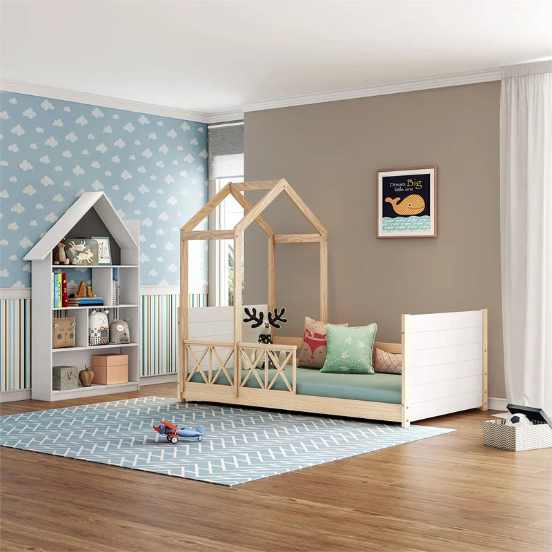 White Oak Solid Wood Twin Daybed with Roof and Guardrails V43046