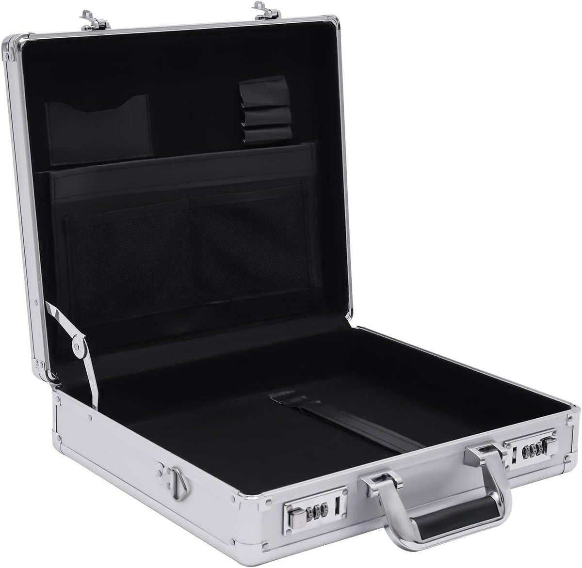 Aluminum Attache Case, 15 x 13 x 4.3 Inch Combination Lock Hard Laptop Case with Strap, Silver F567