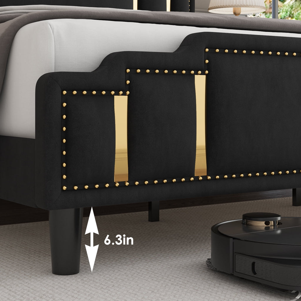 Black Velvet Queen Bed Frame with Adjustable Headboard V5195