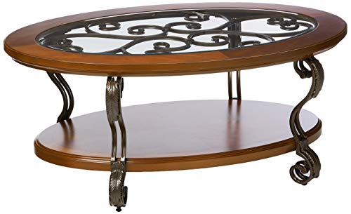 Dark Brown Oval Coffee Table with Glass Top and Shelf H26522