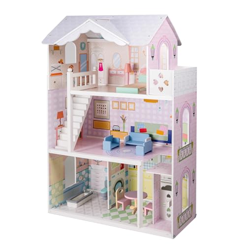 Large Wooden 3 Stories 6 Rooms Dollhouse with Elevator & Balcony C920