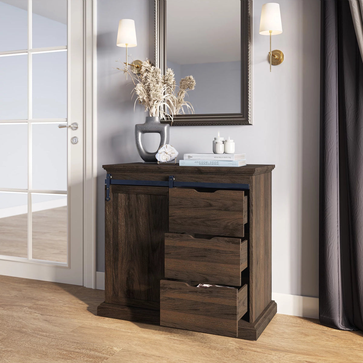 Modern Farmhouse Buffet Table with Sliding Barn Door, Three Drawers & Two Shelves U82762