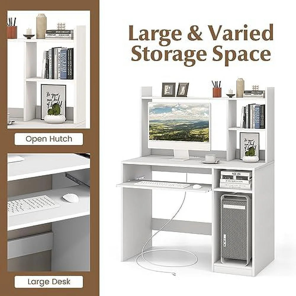 White Desk with Hutch and Charging Station S773