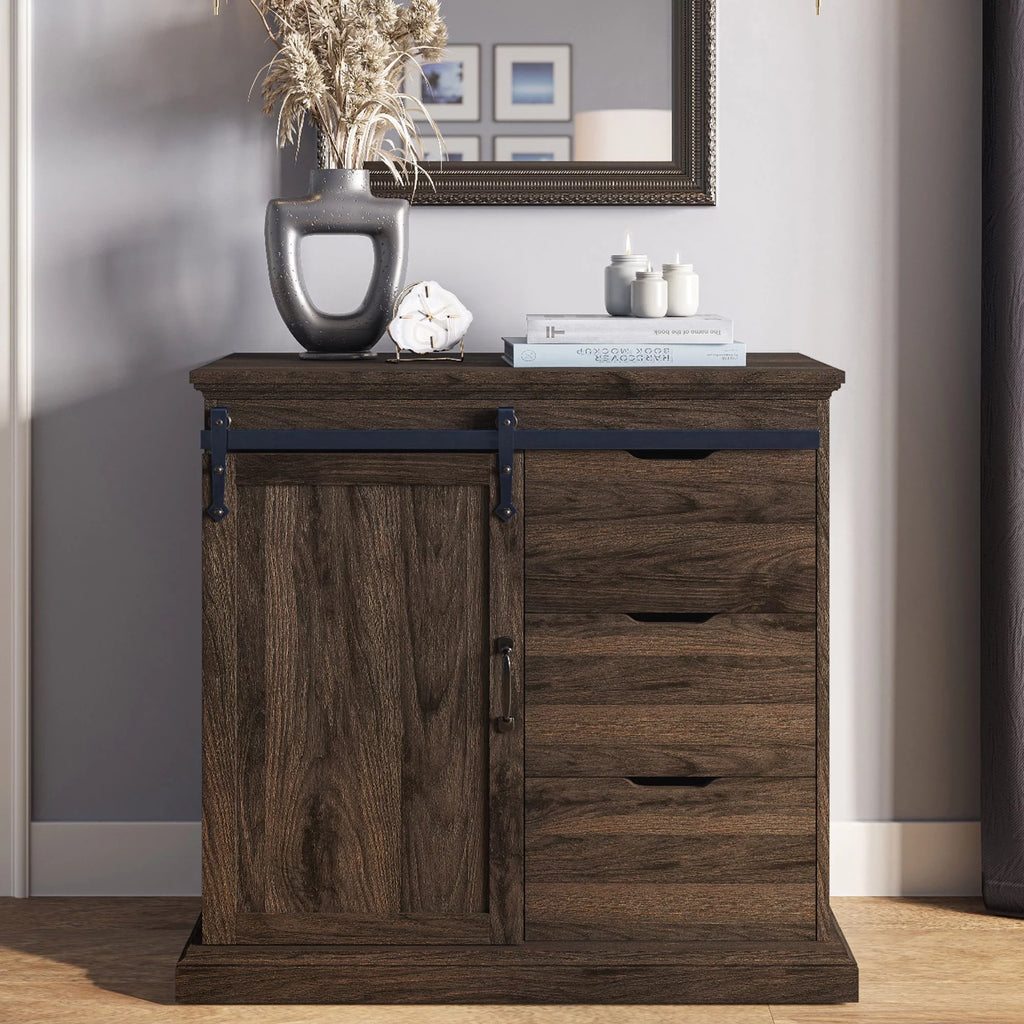 Modern Farmhouse Buffet Table with Sliding Barn Door, Three Drawers & Two Shelves U82762