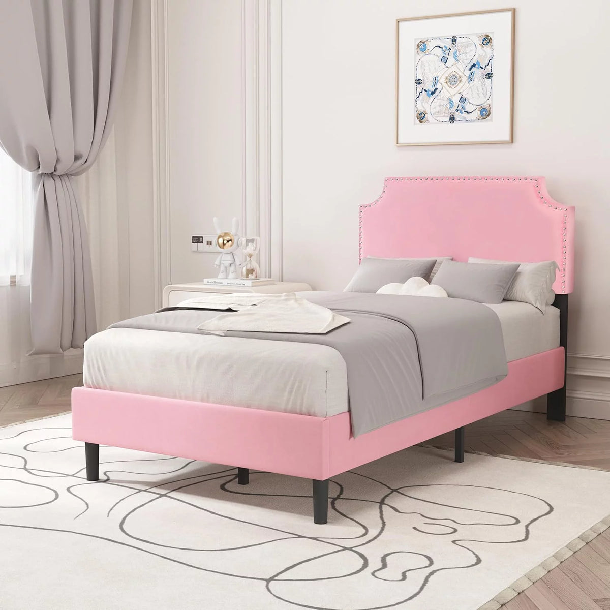 Pink Upholstered Twin Bed Frame with Wooden Slats U762