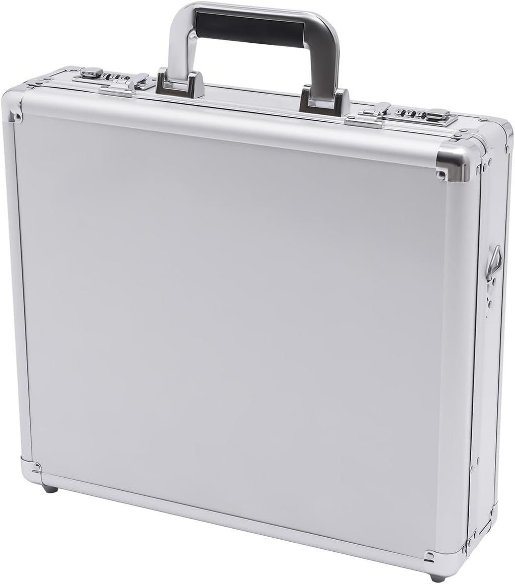 Aluminum Attache Case, 15 x 13 x 4.3 Inch Combination Lock Hard Laptop Case with Strap, Silver F567