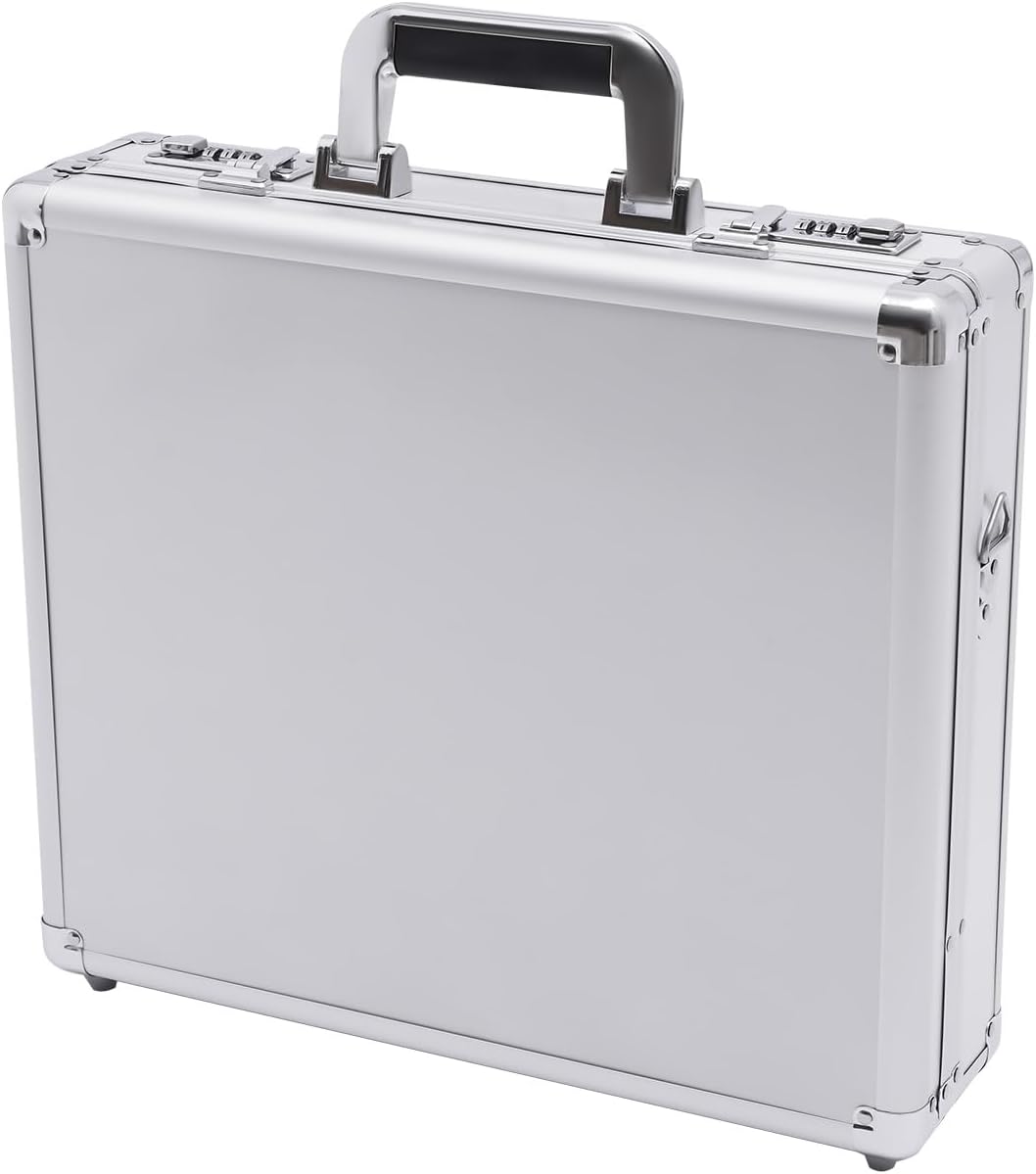 Aluminum Attache Case, 15 x 13 x 4.3 Inch Combination Lock Hard Laptop Case with Strap, Silver F567