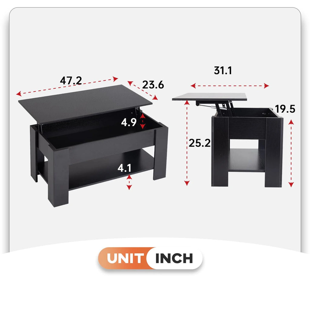 Lift Top Coffee Table with Hidden Compartment and Storage Shelf 47.2in Black P5988