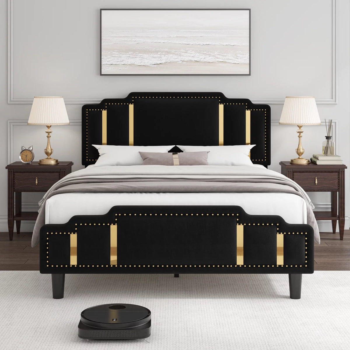 Black Velvet Queen Bed Frame with Adjustable Headboard V5195