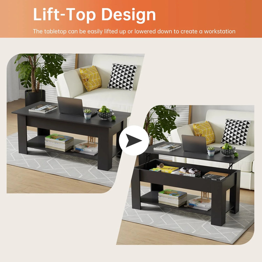 Lift Top Coffee Table with Hidden Compartment and Storage Shelf 47.2in Black P5988