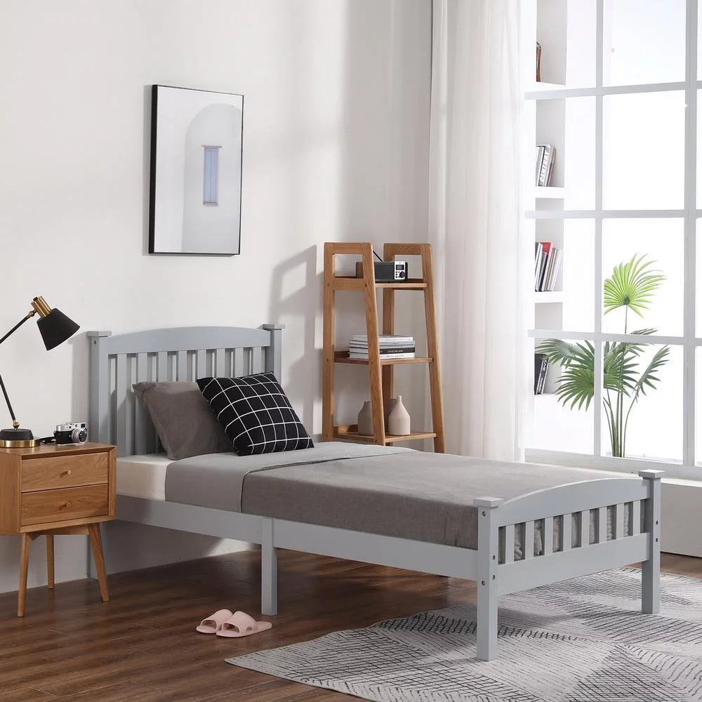 Gray Solid Pine Wood Twin Bed Frame with Headboard F871010