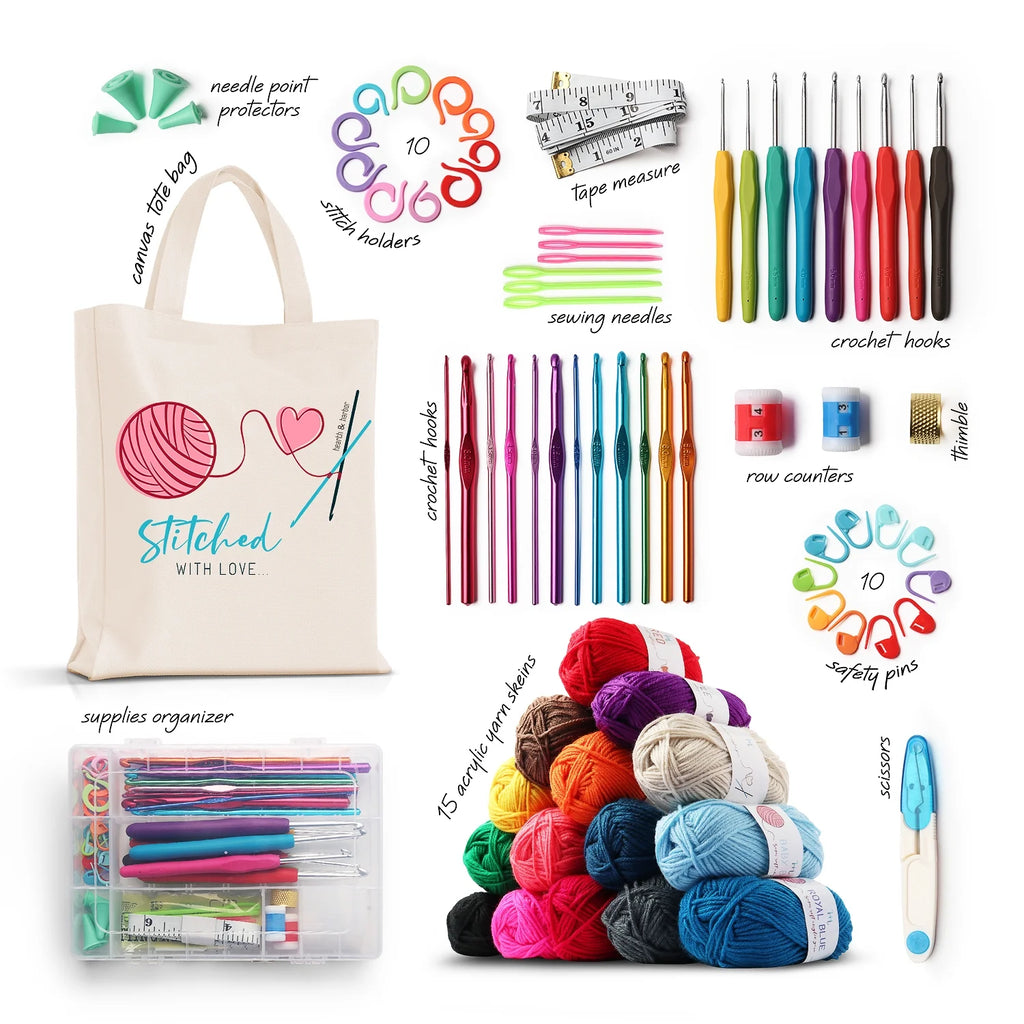 Crochet Kit with Yarn Balls, Needles, Canvas Tote Bag, 73 Piece U641