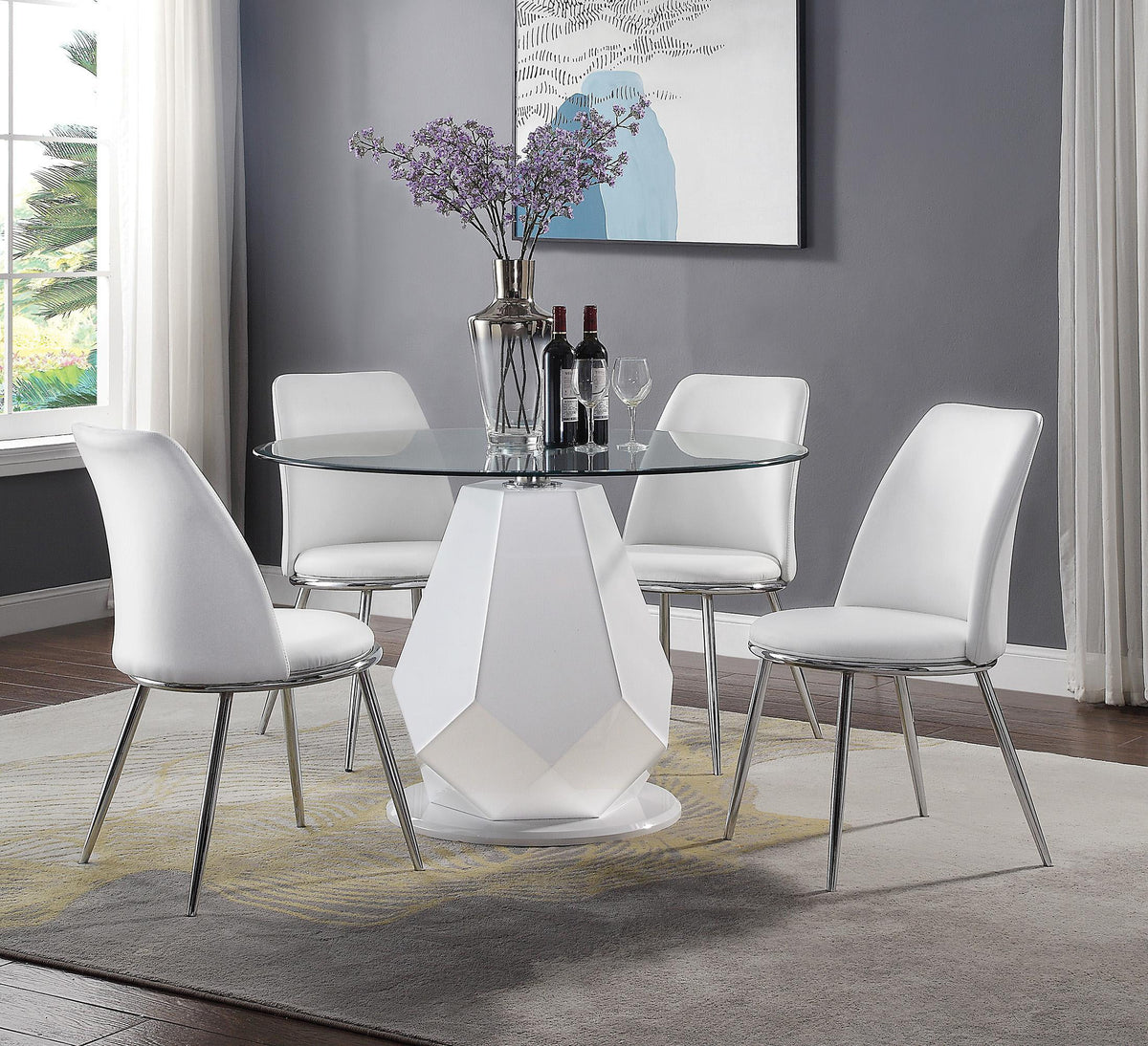 Round Glass Top White Dining Table Set 5Pcs N5237
