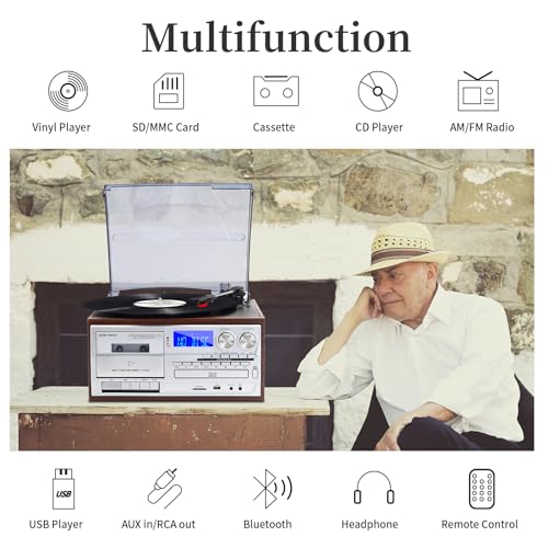 9 in 1 Record Player with Bluetooth Turntable, CD/Cassette, AM/FM Radio, USB SD/MMC, Aux-in/RCA Line Out H16287