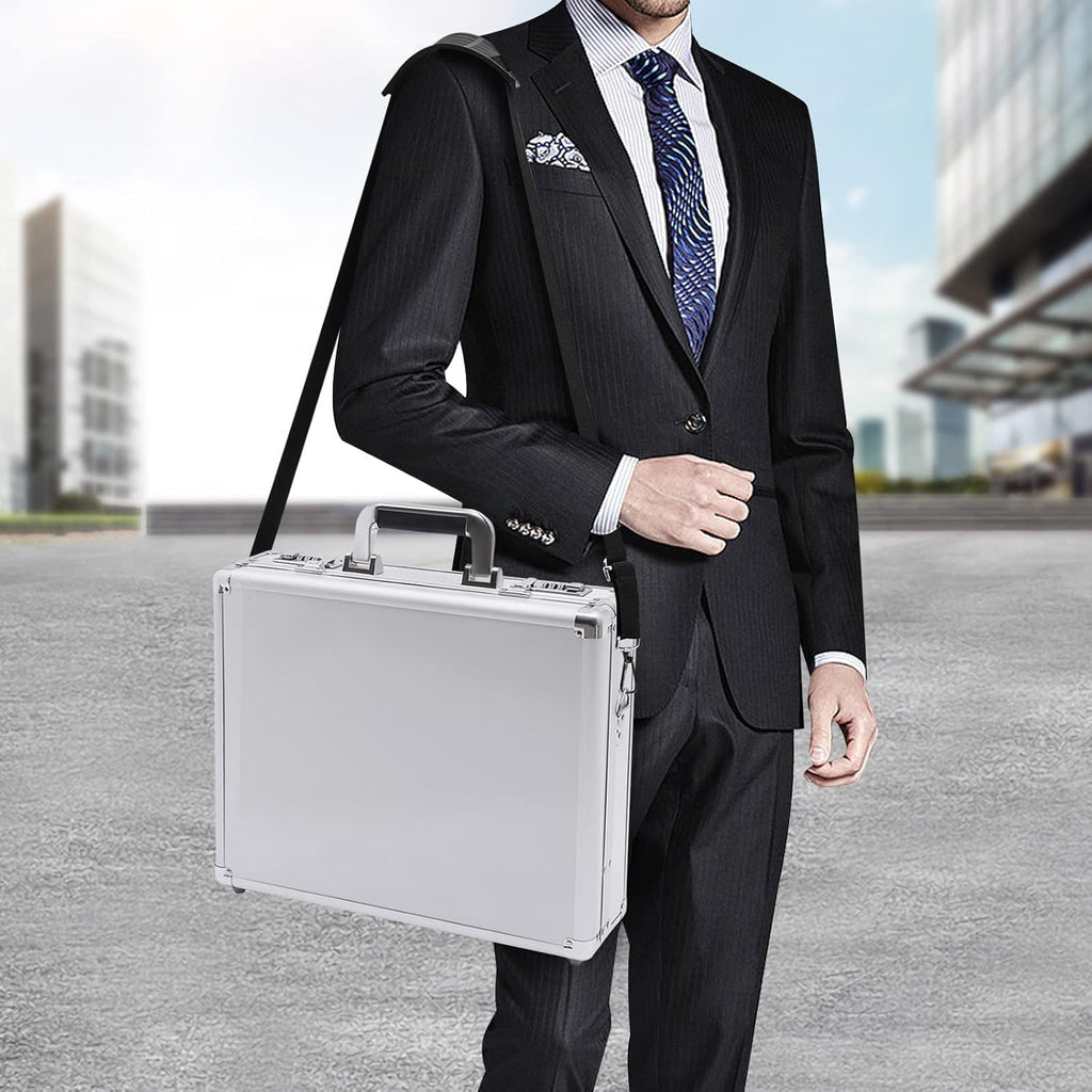 Aluminum Attache Case, 15 x 13 x 4.3 Inch Combination Lock Hard Laptop Case with Strap, Silver F567