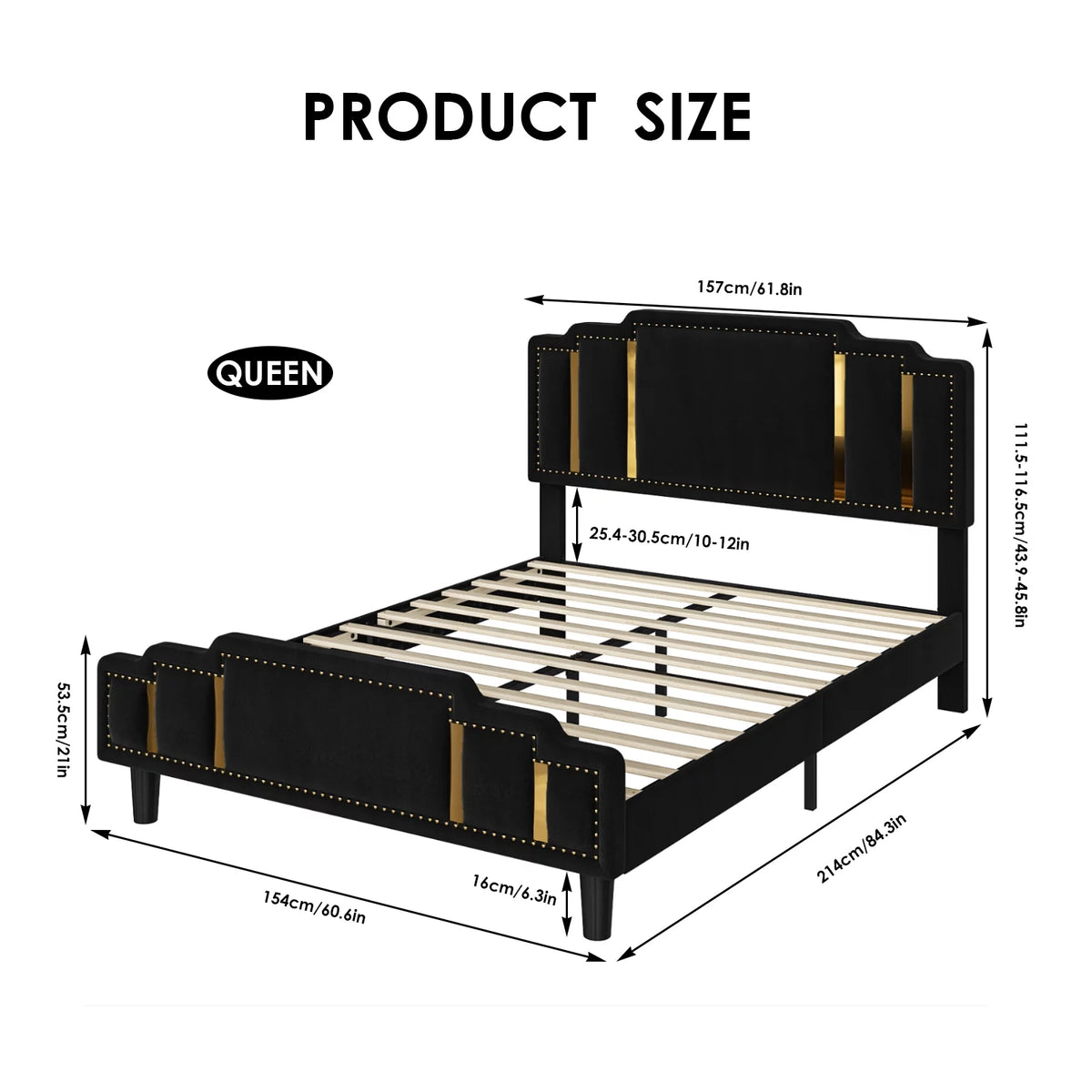 Black Velvet Queen Bed Frame with Adjustable Headboard V5195