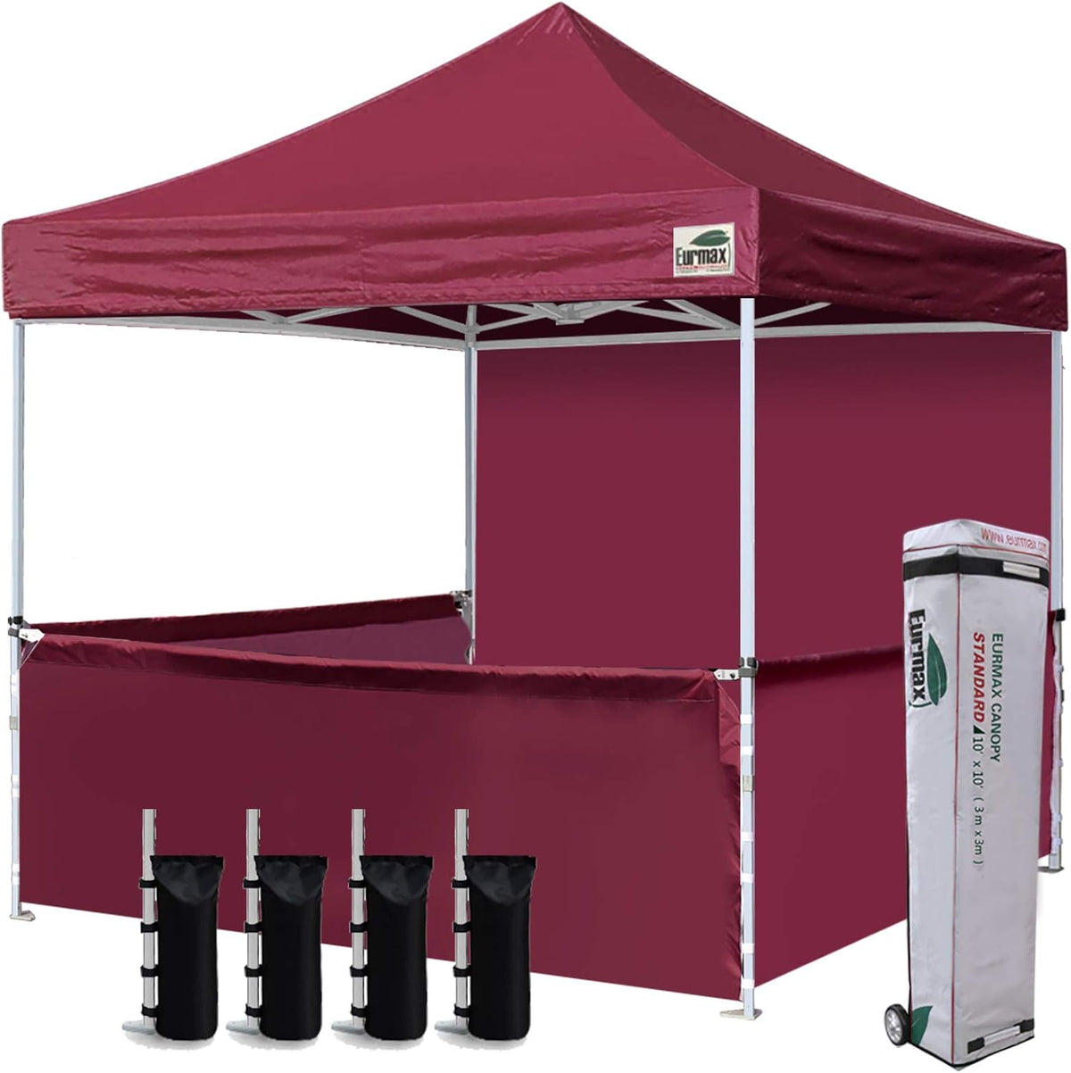10'x10' Ez Pop-up Canopy Tent with 1 Full Sidewall & 3 Half Walls and Roller Bag, with 4 SandBags + 3 Cross-Bar (Grey) L269