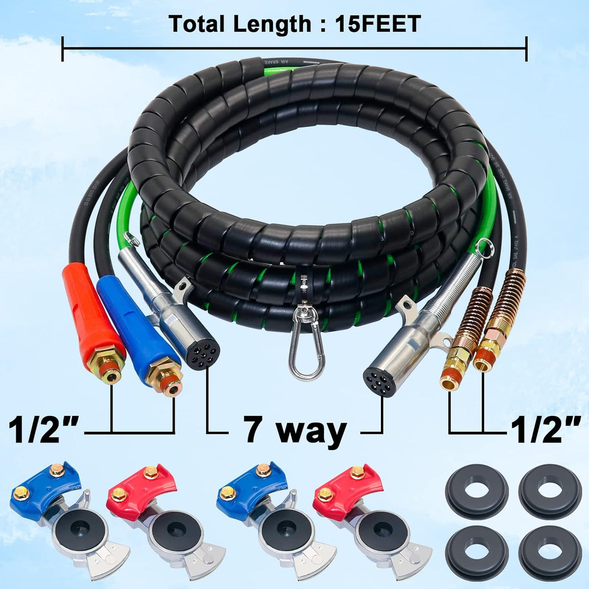15 Ft Heavy Duty 7 Way ABS Electrical Cable and Rubber Air Line Hose Assemblies with Aluminum Glad Hands and Extension Handles N269