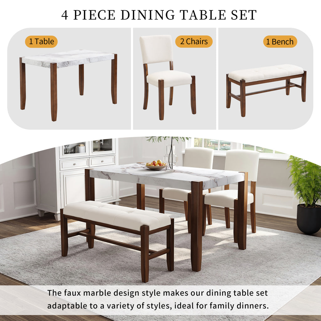 4-Piece Dining Furniture Set with Faux Marble Table and 2 Upholstered Chairs & Bench J4636