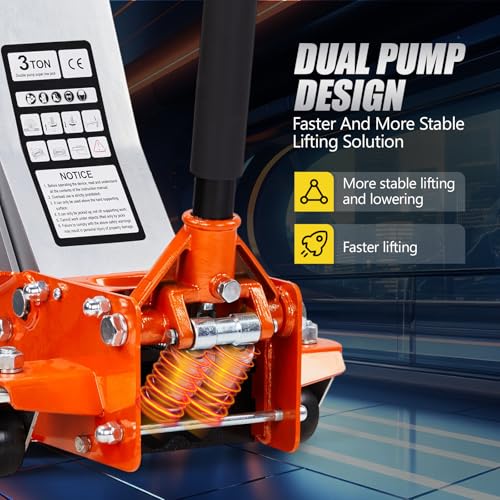 Low Profile Floor Jack, Dual Pistons Quick Lift Pump, Orange J4640