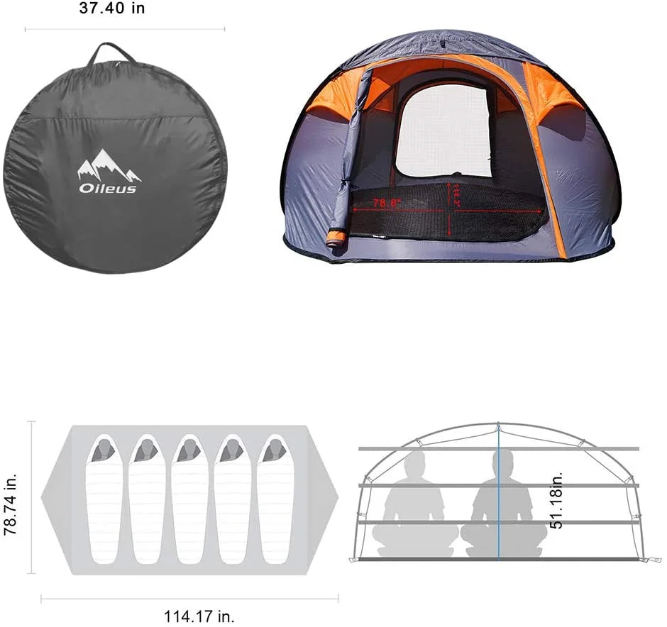 X-large Pop Up Dome Tent 5-6 Person with Carrying Bag Grey O788876