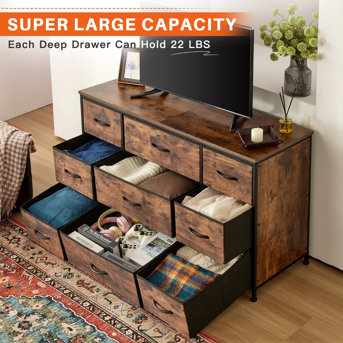 Black 9 Drawer Wide Dresser TV Stand S947647