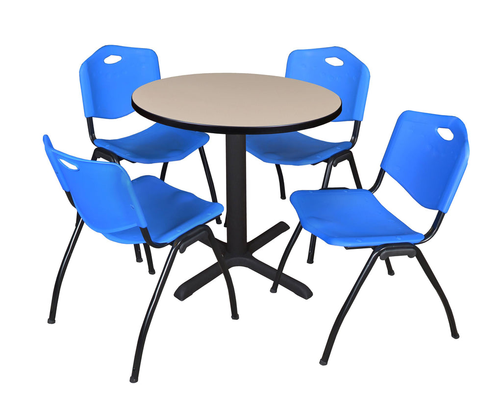 30x22 Round Breakroom Table Grey & 4 Stack Chairs Blue O5793