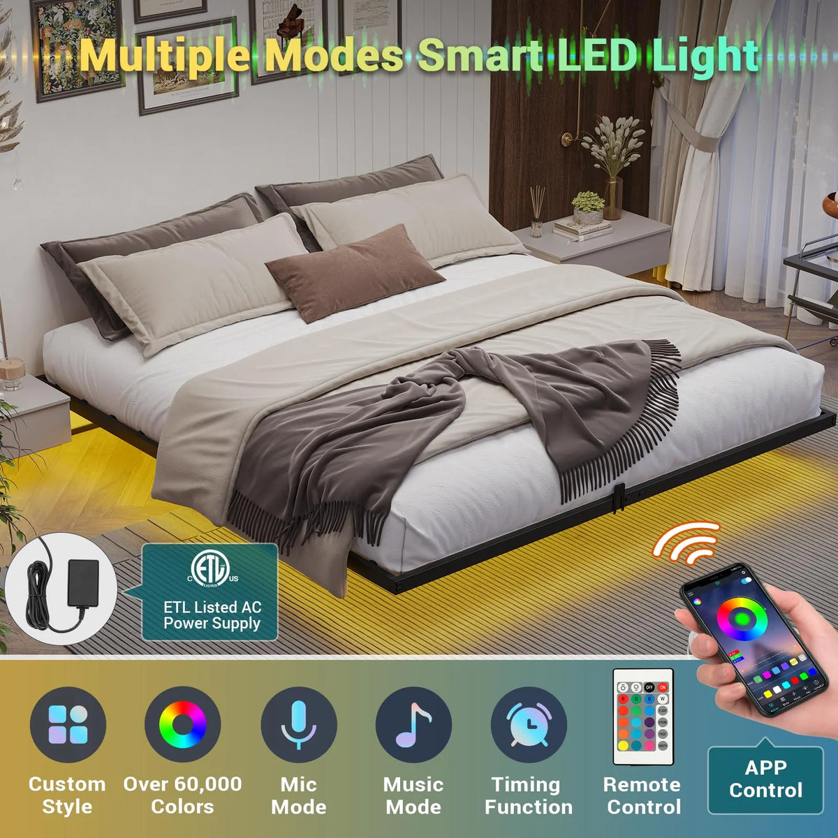 Queen Metal Platform Bed Frame with LED Lights Y551
