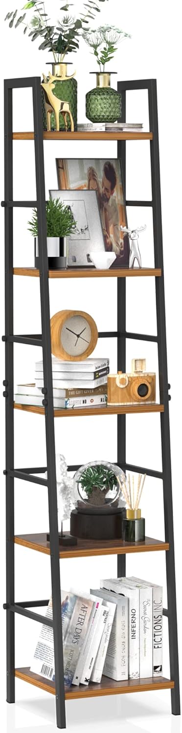 5-Tier Wood and Metal Ladder Shelf Bookcase W180