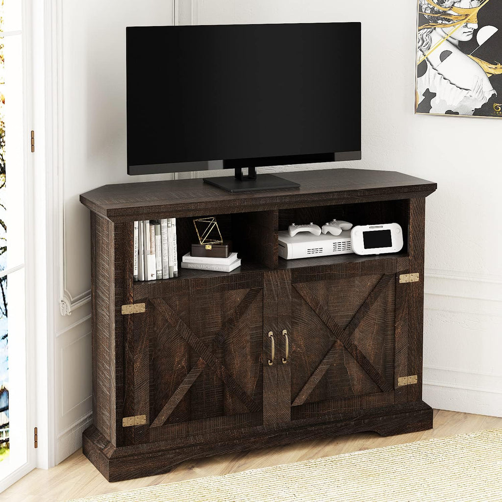 44'' Farmhouse Corner TV Stand with Double Doors & Adjustable Shelves P9239