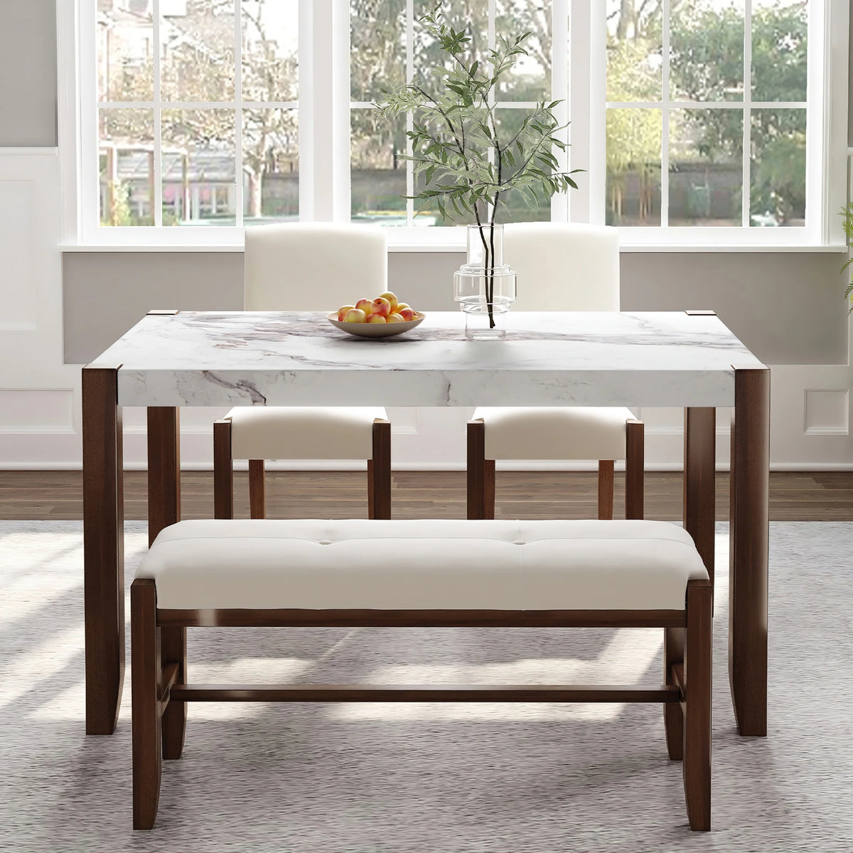 4-Piece Dining Furniture Set with Faux Marble Table and 2 Upholstered Chairs & Bench J4636