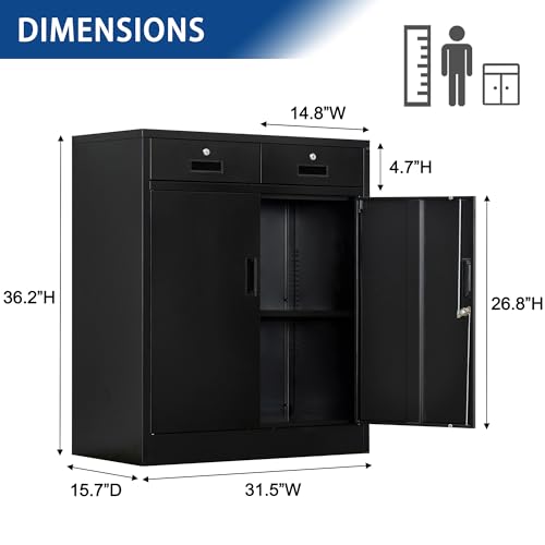 Black Steel Storage Cabinet with 2 Lockable Doors and 2 Adjustable Shelves F46279