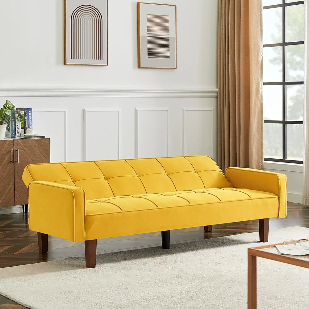 Yellow Linen Upholstered Sofa Bed with Solid Wood Feet T29228