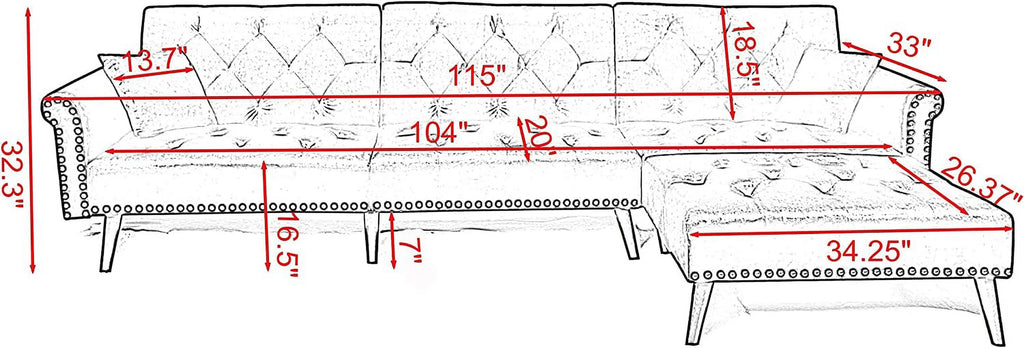 Light Grey Velvet Convertible Sleeper Sectional Sofa Bed K152