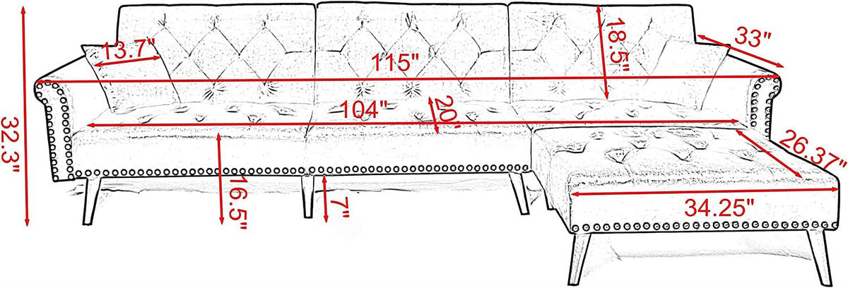 Light Grey Velvet Convertible Sleeper Sectional Sofa Bed K152