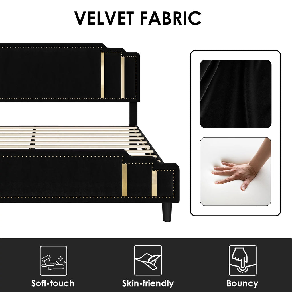 Black Velvet Queen Bed Frame with Adjustable Headboard V5195