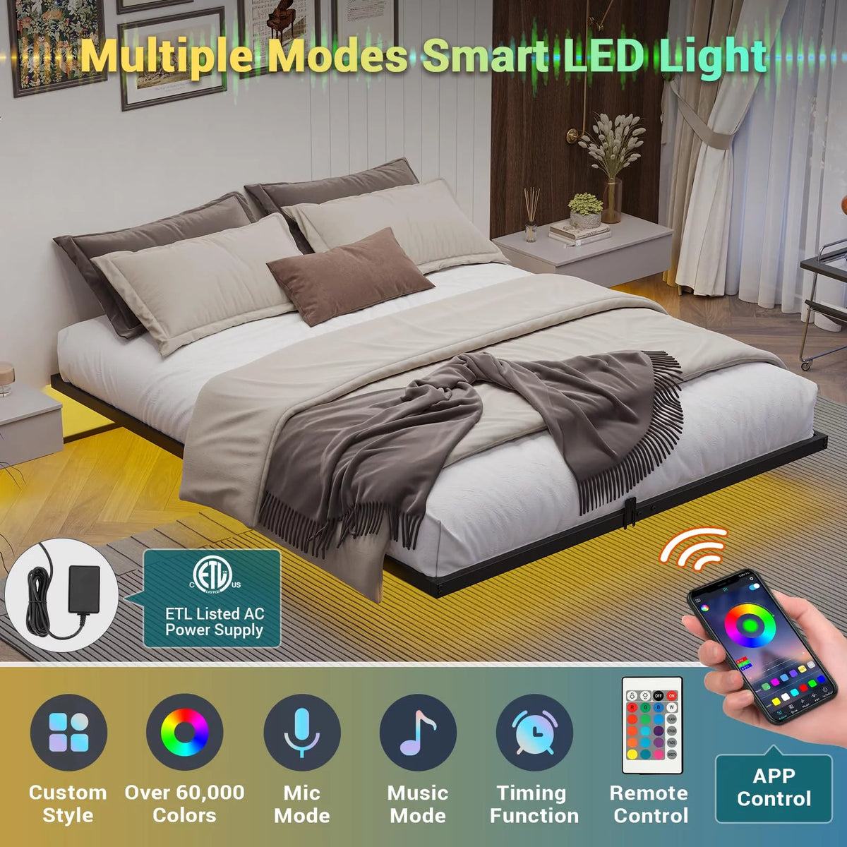 Queen Metal Platform Bed Frame with LED Lights Y551