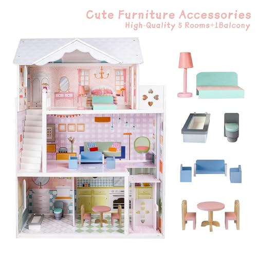 Large Wooden 3 Stories 6 Rooms Dollhouse with Elevator & Balcony C920