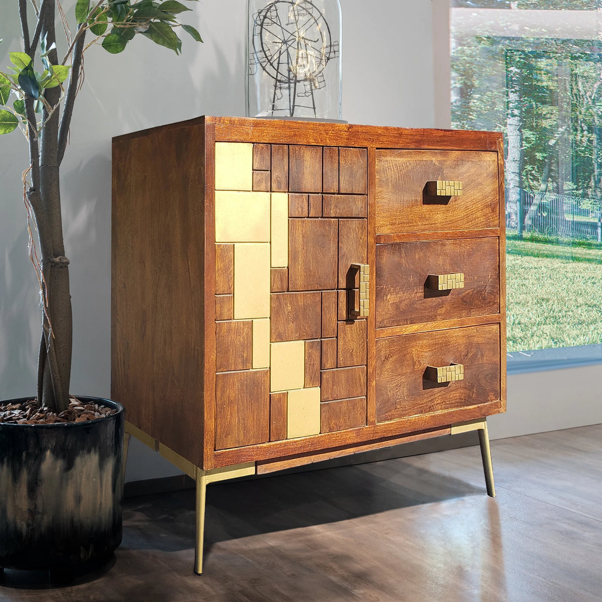 Recycled Mango Wood Cabinet with 1 Door, 3 Drawers A872694