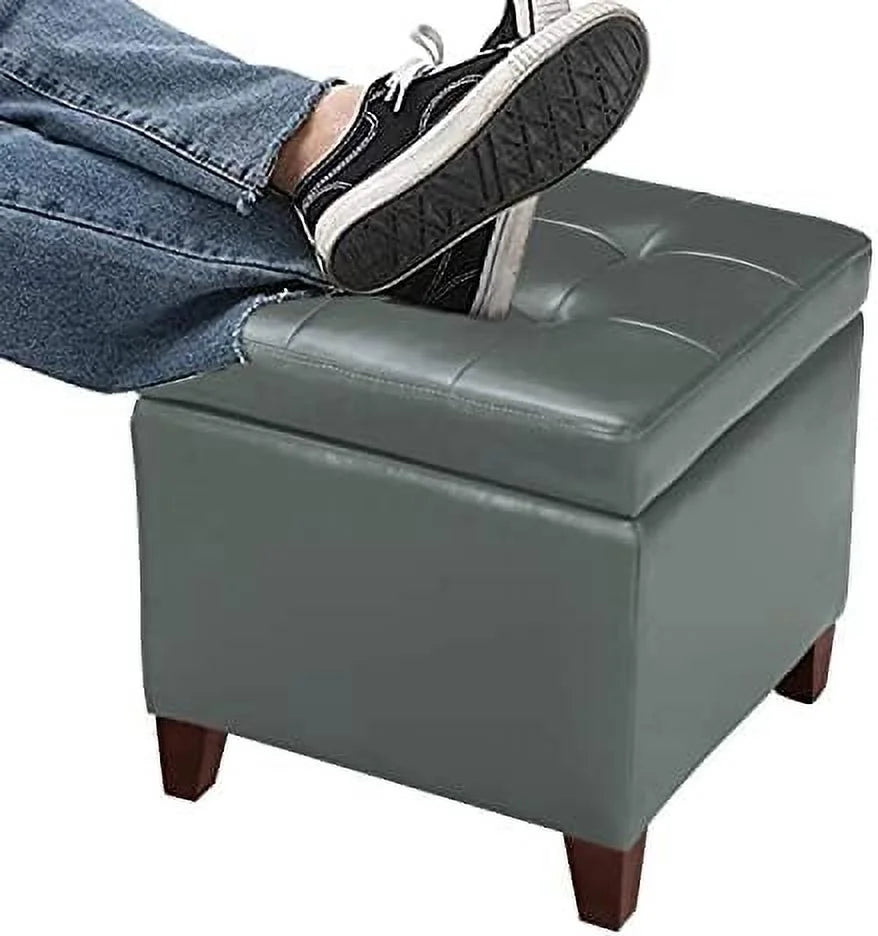 Tufted Leather Square Ottoman with Hinged Lid O75939