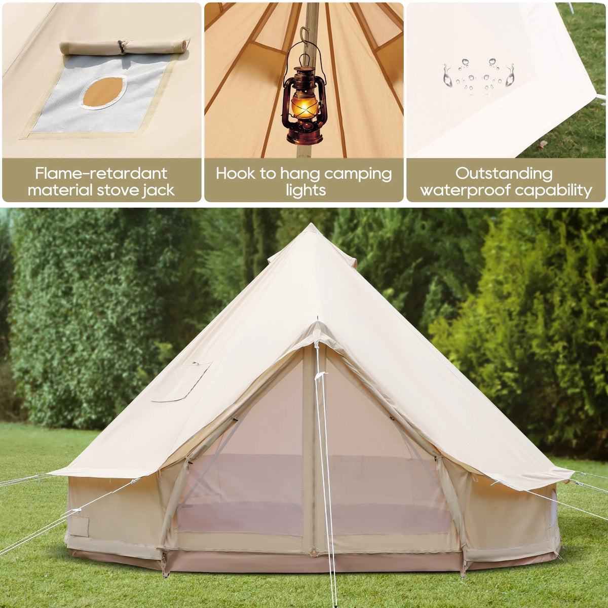 Cotton Canvas Bell Tent with Stove Jack, 4 Season, 5M, Green B8187