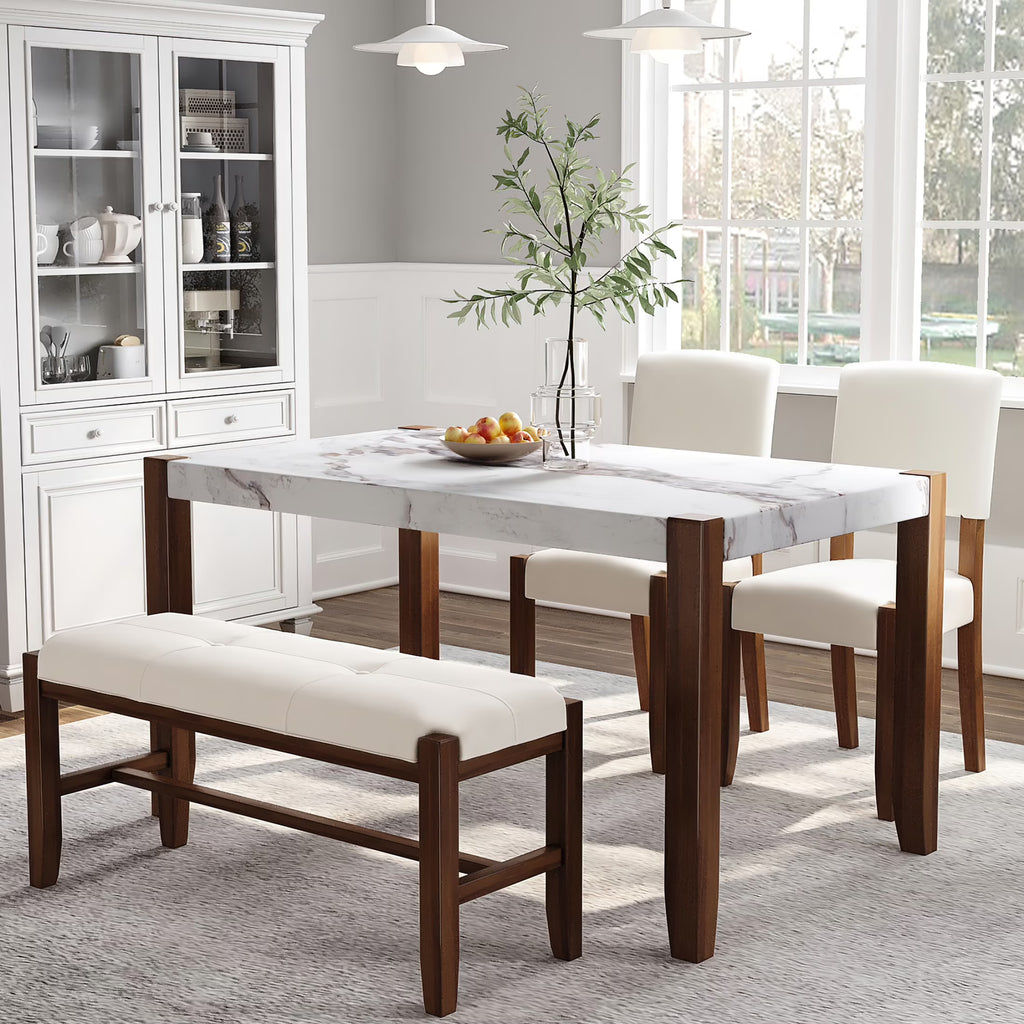 4-Piece Dining Furniture Set with Faux Marble Table and 2 Upholstered Chairs & Bench J4636