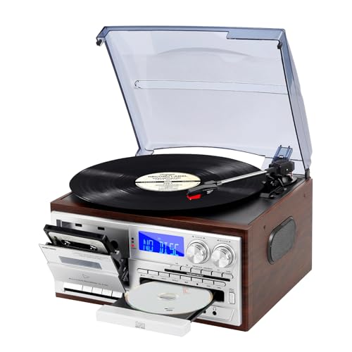 9 in 1 Record Player with Bluetooth Turntable, CD/Cassette, AM/FM Radio, USB SD/MMC, Aux-in/RCA Line Out H16287