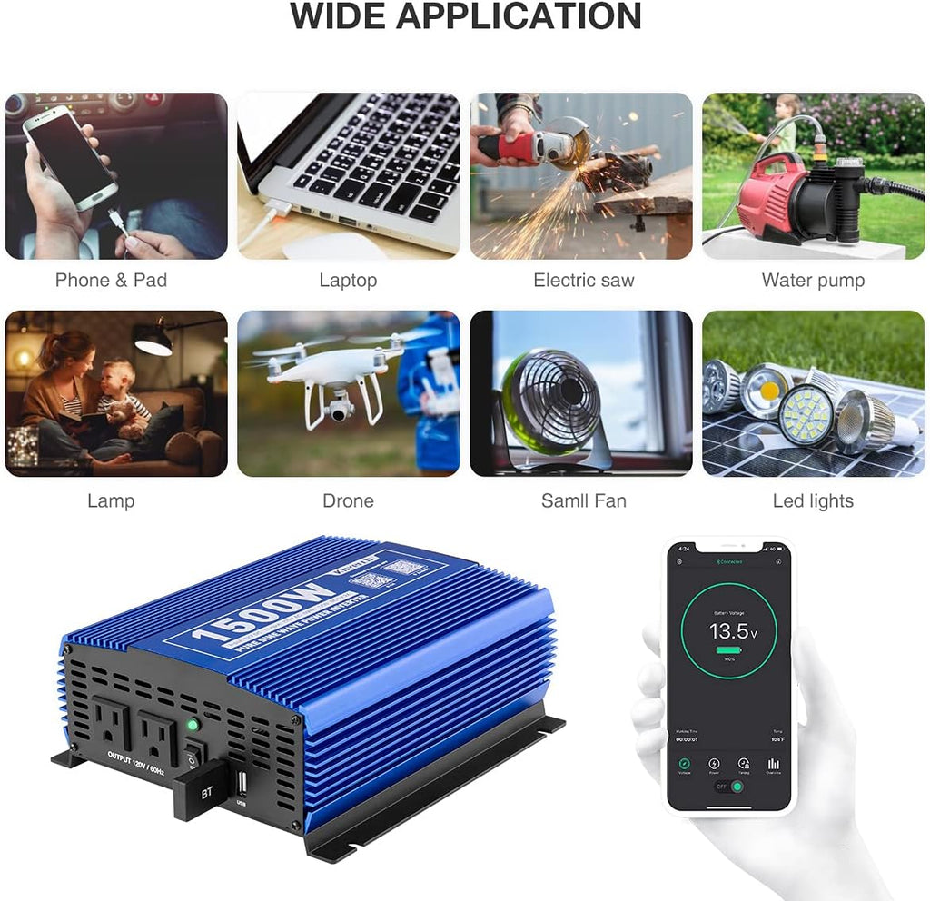 1500W Pure Sine Wave Power Inverter 12V DC to 110V AC Car Inverter with Bluetooth and 2AC Outlets & USB Port G48816