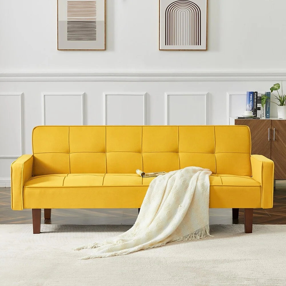 Yellow Linen Upholstered Sofa Bed with Solid Wood Feet T29228
