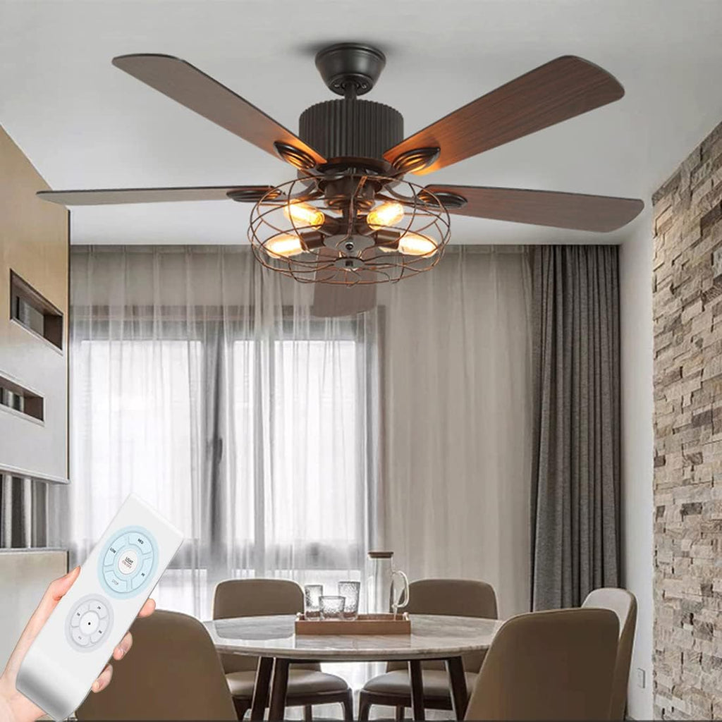 Black Industrial Ceiling Fan with Light and Remote, 5 Wood Blades, 5-Lights E26 B8900