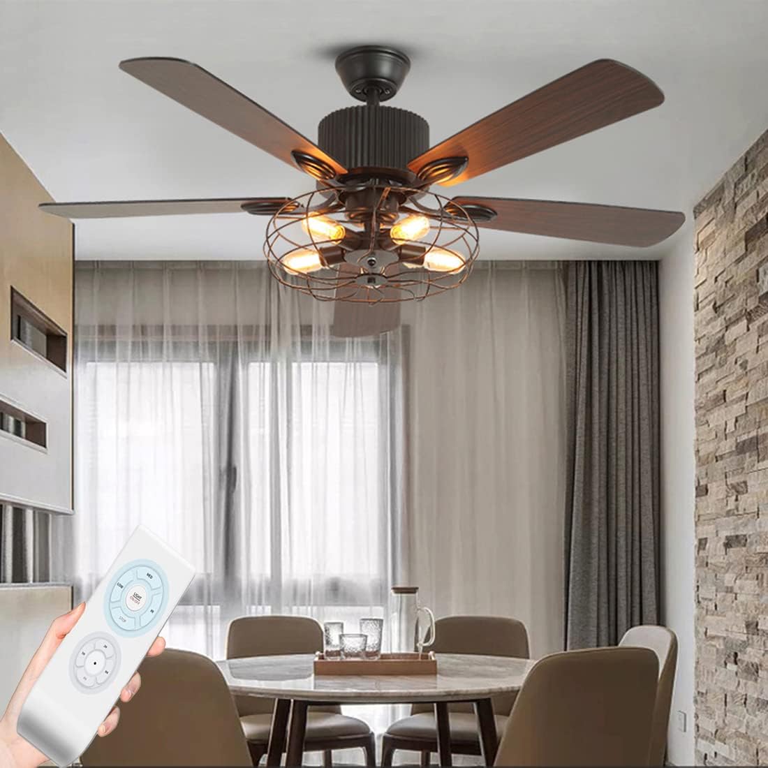 Black Industrial Ceiling Fan with Light and Remote, 5 Wood Blades, 5-Lights E26 B8900