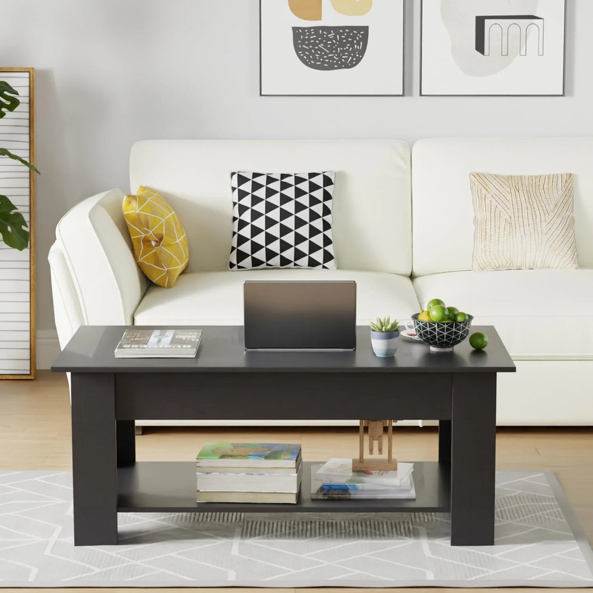 Lift Top Coffee Table with Hidden Compartment and Storage Shelf 47.2in Black P5988